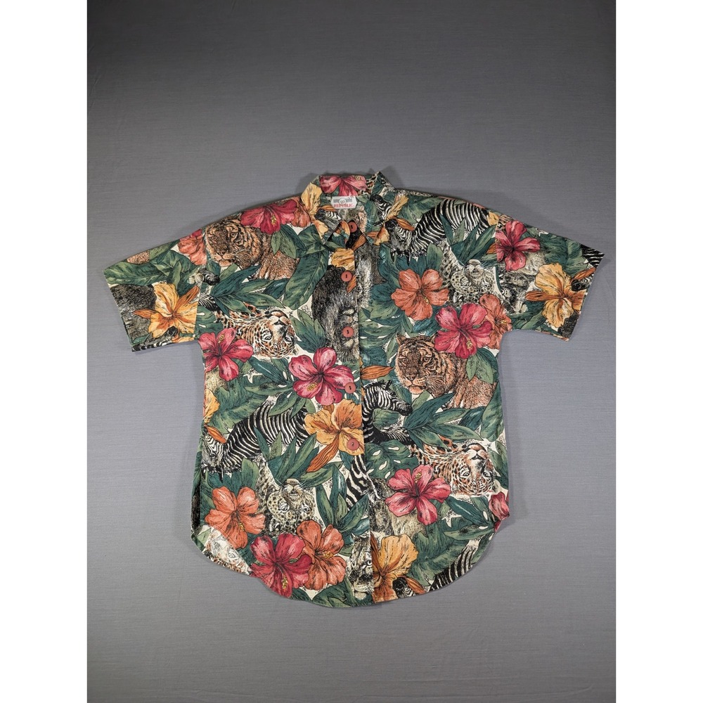 Vintage Denim Republic Tropical Jungle Animal Print Button Down Shirt Safari M